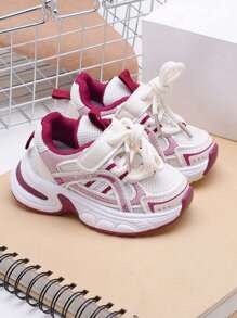 1双儿童网面软底防滑轻便透气休闲时尚厚底运动鞋，舒适户外跑步鞋，适合春秋季穿着 - 紅色 - 查看 2