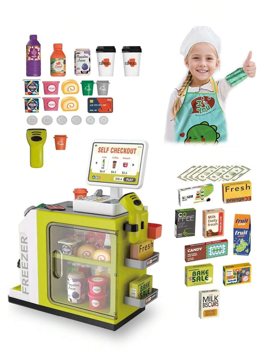Juego de Caja Registradora para Niños, Incluye Caja Registradora, Escáner, Billetes de Juguete, Productos Simulados, Juego de Simulación de Compras, Juguete de Rol, Adecuado para Niños y Niñas a Partir de 3 Año - Verde - Ver 1
