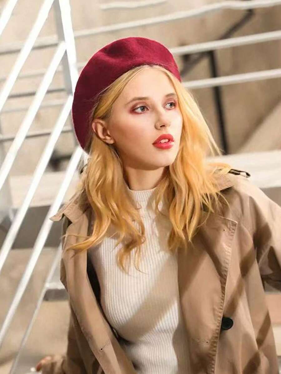 1 件男女通用纯色贝雷帽，百搭经典时尚休闲风格，透气舒适遮阳，适合日常通勤、徒步旅行、露营、骑自行车、海滩、绘画、摄影 - 酒紅色 - 查看 1