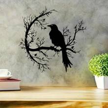 1pc Large-Sized Raven Silhouette On Branch Painting Stencil, Reusable DIY Art Template For Wall, Fabric, Home Decor, Plastic Template, Crafts & Sewing Supplies, PET Material