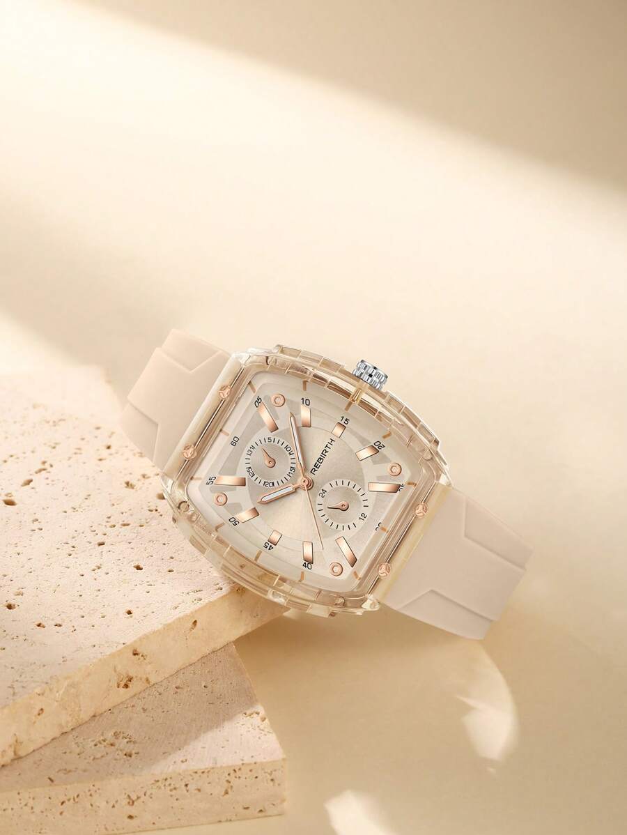 1pc Women Casual Minimalist Fashion Silicone Band Barrel-Shaped Quartz Wrist Watch, Suitable For Everyday Wear - Khaki - View 1