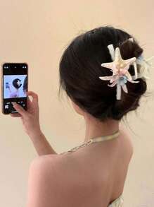 1pc Ocean Theme Hair Clip With Faux Flower, Starfish And Shell Decor Hair Accessory, Double-Sided Flower Hair Claw Clip, Suitable For Daily Life, Vacation, Party Hair Jaw Clip