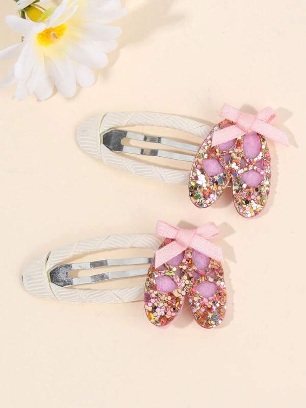2 peças Grampos de cabelo de sapato de balé com glitter para meninas - Grampos de laço rosa com detalhes brilhantes, acessórios de cabelo para festa infantil, grampos de cabelo elegantes inspirados na dança