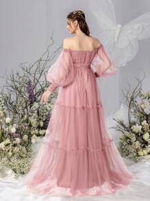 Faeriesty Dressalisa Elegant Off-Shoulder Maternity Gown With Lantern Sleeves & Flowing Tulle A-Line Skirt – Baby Shower Dresses For Bridal Showers, Formal Dinners, Garden Weddings, Maternity Celebrations, Upscale Gatherings