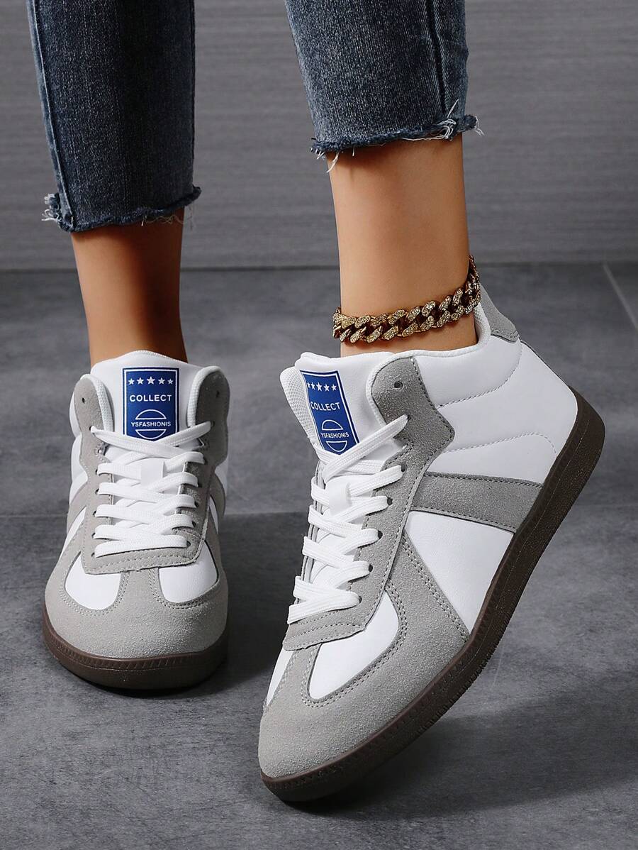 灰色女式复古帆布鞋平底运动鞋，休闲系带运动舒适耐磨多功能硫化橡胶鞋底运动鞋 - 灰色 - 查看 1