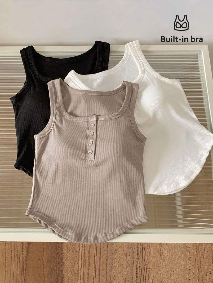 3pcs Teen Girls' Ribbed Fitted Button-Up Camisole Top With Non-Removable Pads, Versatile For Outerwear And Underwear, Suitable For Spring/Summer/Autumn/Winter
