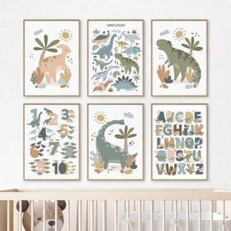 1 件波西米亚风数字字母恐龙卡通幼儿园北欧海报和印刷品墙壁艺术帆布画图片婴儿儿童房装饰无框架