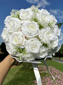 1 件新娘婚礼花束人造花束用于婚礼丝绸新娘伴娘手捧花花束用于情人节装饰婚礼派对用品家居装饰仿珍珠蕾丝网玫瑰花束情人节情人节 - 彩色 - 查看 5