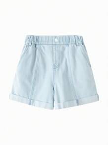 Balabala Girls' Cotton Denim Shorts, Casual & Breathable - Denim Light Blue - View 2