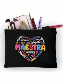 Maestra Theme Handbag And Cosmetic Bag Set, Includes 1 Linen Tote Bag And 1 Zipper Cosmetic Bag, With Scarf And Shoulder Strap, Can Be Used As Handbag, Shoulder Bag, Large Capacity Linen Shopping Bag, Heart Pattern And Pencil Case - Multicolor - View 7