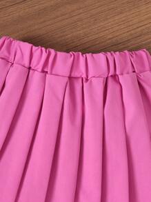 2pcs Girls Summer Cheerleader Style Round Neck Letter Print Short Sleeve Top And Solid Color Pleated Skirt Outfit