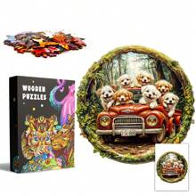 猫咪家族/卡车里的狗木制拼图，精美纸盒，异形拼图玩具，独特的儿童礼物，不对称动物形状木制拼图，装饰艺术绘画