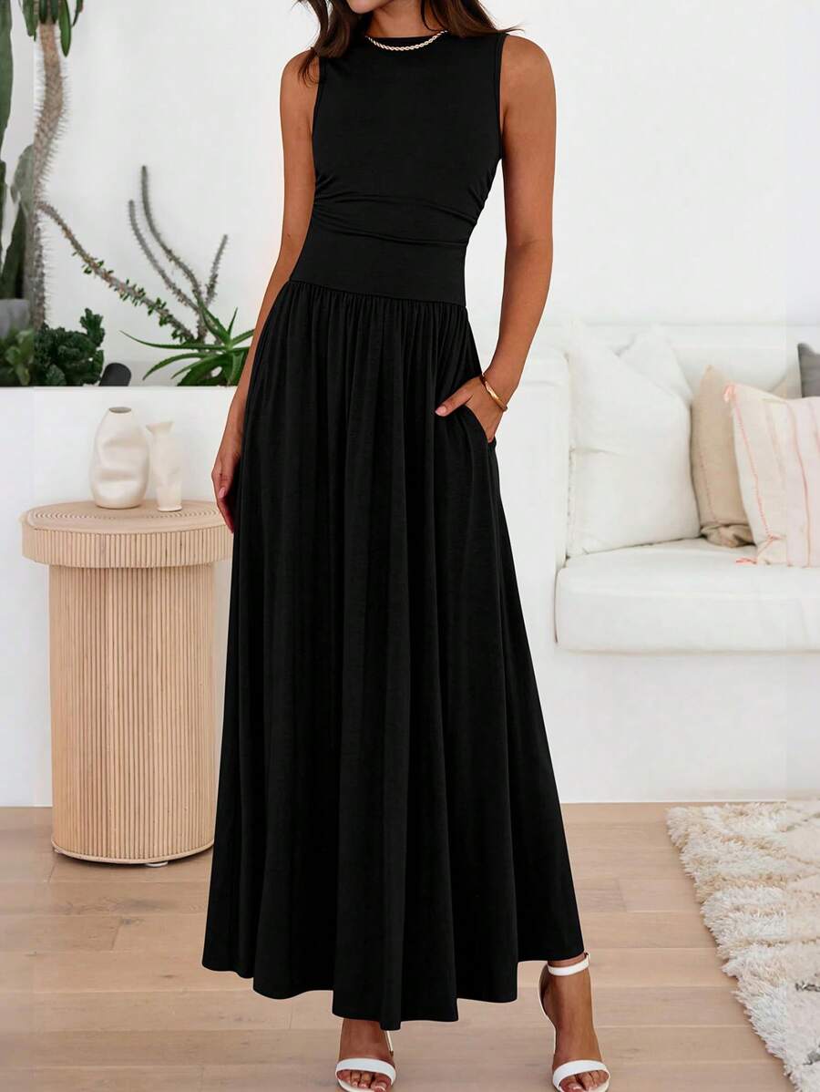 Women Sleeveless Maxi Dresses Crew Neck High Waisted Patchwork Ruched Tank Summer Dress With Pockets Beach Holiday Vacation Valentine - 黑色 - 查看 1