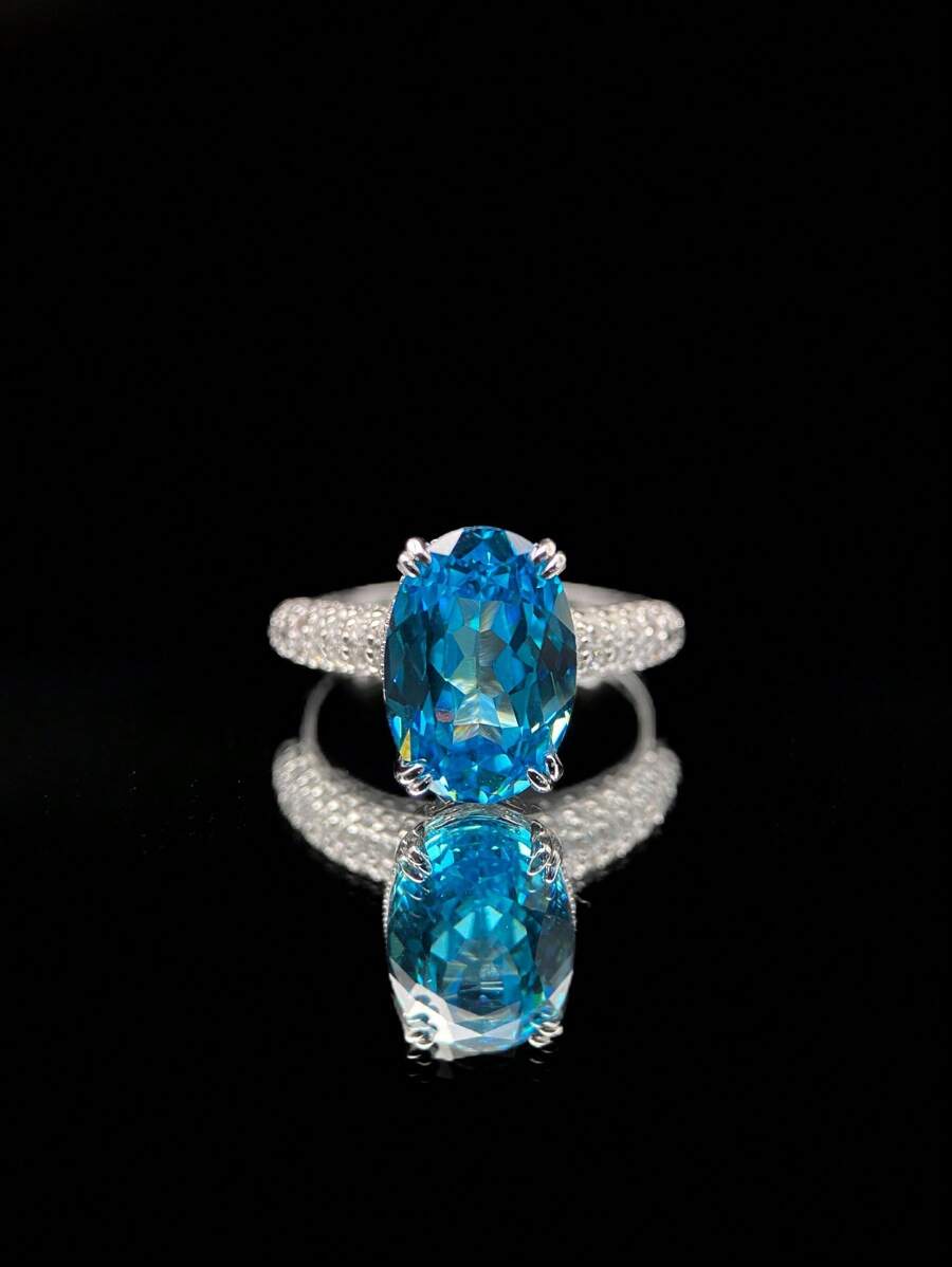 一枚闪耀的S925纯银6ct高碳钻石戒指，高贵时尚的女士戒指，送给她作为节日礼物和周年纪念礼物 - 淺藍色 - 查看 1