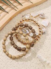 BOCAR 3pcs/Set Natural Beaded Wooden Bracelet Set, Suitable For Beach & Vacation - Brown - View 6