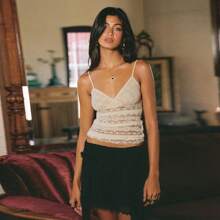 Fitted Lace Crop Top With Crisscross Back And Exposed Midriff - White - View 3