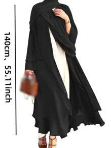1pc Solid Color Loose Chiffon Muslim Abaya Open Cardigan, Elegant And Versatile Plus Size For Daily Wear,Modest - Grey - View 9