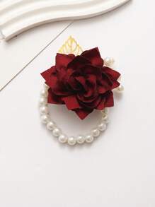 1pc Chest Flower + 1pc Wristband Flower Set, Unisex Navy Blue Camellia Flower With Gold Leaf & Bead Decor, Groom/Groomsman/Bridesmaid Corsage, Wedding, Party, Daily Wear Bracelet