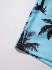 2pcs Men's Casual Summer Fashion Set - Comfortable Polyester Mesh T-Shirt And Palm Tree Print Drawstring Shorts