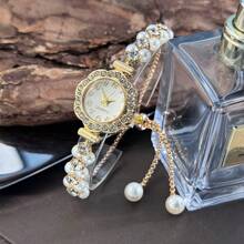 1pc Women's Fashion Quartz Watch With Double Pearl String, Rhinestone Inlaid Pull Ring, Metal Alloy Case, Arabic Numeral Dial, Elegant & Stylish For Ladies/Students - Gold - View 3