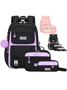 3pcs/Set - Large Capacity Girl's Backpack. Student Bag With Lunch Box Bag And Pencil Case. Simple 15.6-Inch School Laptop Backpack. Outdoor Travel Bag With Plush Ball Pendant. Back-To-School Essential. Suitable For School And Travel