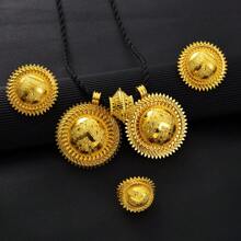 3pcs Set /Arabic Golden Color Round Geometric Jewelry Set, Pendant Earrings Ring, Traditional African Bride Wedding Accessories Gift - A - View 3