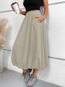 Saia Volumosa Feminina com Elástico na Cintura e Bolsos, Saia Longa Reta em Cor Sólida