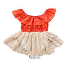 Toddler Baby Girls Summer Rompers Short Sleeve Floral Print Bodysuit Lace Ruffle Tulle Skirt Hem - 米色 - 查看 2