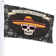 1件IBILIU死亡之日旗帜90*150cm，草帽帽糖骷髅万圣节鲜花蜡烛花园旗帜房屋旗帜欢迎庭院横幅室内户外装饰礼物生日毕业室装饰派对礼物家居装饰挂毯 - 黑色 - 查看 2