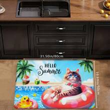 1pc Creative Summer Multicolor Pool Kitty Printed Doormat, Soft Non-Slip Absorbent Machine Washable Anti-Fatigue Kitchen Mat, Rectangular Low Pile Rug For Living Room, Bedroom, Kitchen, Laundry Room, Holiday Home Decor