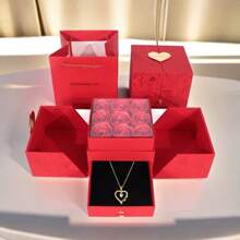 1pc Copper Alloy Cubic Zirconia "MOM" Pendant Heart Shaped Necklace, Luxurious & Fashionable With Imitation Rose Flower Gift Box, Mother's Day Gift - Gold - View 3