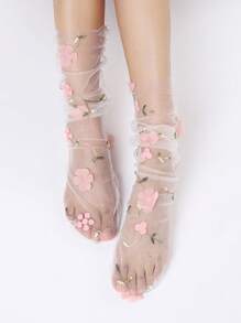 New Lace Mesh Mid-Calf Socks, Sweet Floral Net Fashionable Stack Socks For Women, Casual Summer