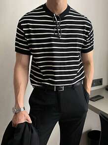 Men's Striped Knit Crew Neck Short Sleeve T-Shirt, Casual & Business Fitted Style, Breathable For Summer