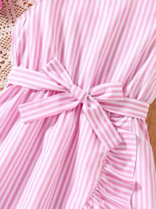 Tween Girl Striped Ruffle Hem Dress With Belt - Pink - View 5