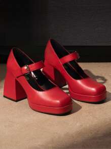Women's Chunky Platform Heel Pumps - Square Toe Strappy Block Heels For Wedding, Prom & Party - 紅色 - 查看 10