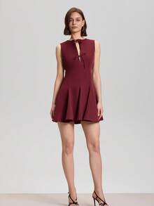 Simple Butterfly Decor Flared Short Dress, Fashionable For Summer - Burgundy - View 7