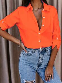 Mid-Long Style Women's Plain Button Long Sleeve Casual Shirt