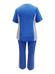 Ensemble de tenue uniforme avec Top à col V bicolore à manches courtes et pantalon pour femmes
