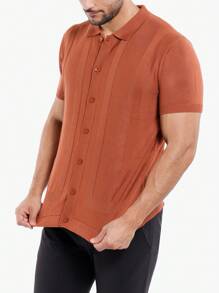 Men's Textured Short Sleeve Polo Sweater - Brick - View 6