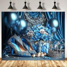 优雅的蓝色生日背景，配有气球、鲜花和闪亮的高跟鞋 - 聚酯照片亭装饰，适合派对庆祝活动，庆祝装饰品 | 节日活动装饰品 | 精美的设计，生日派对装饰礼物毕业