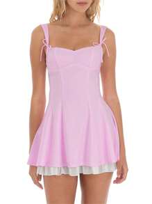 Women Y2k Corset Mini Dress Summer Sleeveless Bow Tie Strap Solid Color Skater Tank Dress Backless Ruffle A-Line Dress Graduation Dress Beach Club Party Dresses Streetwear Preppy Fairy Aesthetic Clothes - 紫色 - 查看 3