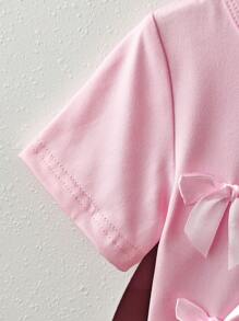 2pcs/Set Baby Girls' Flared Set, Bow Accent Short Sleeve T-Shirt + Solid Color Flared Pants, Summer