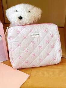 1 Piece Pink Ribbon Bow Storage Bag, Korean Style Sweet Girl Student, Large Capacity Toiletry Bag, Pillow-Shaped Quilted Clutch Bag, Fashion And Cute Makeup Bag That Can Hold Mobile Phone Data Cables, Bluetooth Headsets, Cosmetics And Change Travel Essentials Travel Accessories Travel Must Haves Holiday Essentials Holiday Travel Bag - Pink - View 2