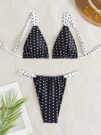 Nuevo conjunto de bikini de cintura alta con estampado de lunares aleatorios en blanco y negro, con tirantes ajustables y anudables en la espalda para mujeres