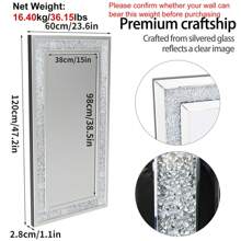 Decorative Crystal Crush Diamond Mirror: 48x24 Inch Silver Rectangle Wall Mirror For Wall Bathroom Bedroom Dining Room And Living Room Home Decor Back To School Room Decor School Supplies - Silver - View 8