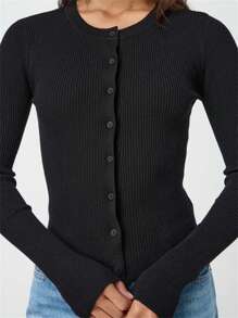 Women's Autumn Sweater Cardigan Solid Color Long Sleeve Round Neck Button Up Ribbed Knitwear - Black - View 3