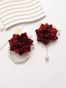 1pc Chest Flower + 1pc Wristband Flower Set, Unisex Navy Blue Camellia Flower With Gold Leaf & Bead Decor, Groom/Groomsman/Bridesmaid Corsage, Wedding, Party, Daily Wear Bracelet