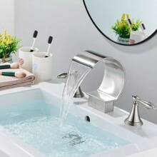 Widespread Bathroom Sink Basin Faucet With Waterfall Design, 2 Handle, 3 Hole Vanity Mixer Tap For Enhanced Style And Functionality