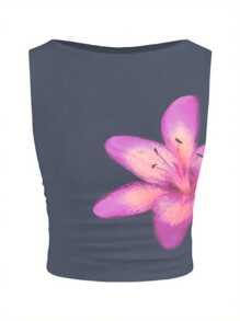 Women's Flower Print Crop Vest Summer Sleeveless Round Neck Slim Fit Tank Tops - Dark Grey - View 3