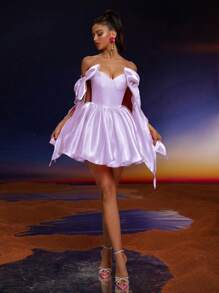 Anymoon 新款时尚优雅蝴蝶结装饰舞会礼服，适合正式舞会、毕业典礼、返校节、派对和各种活动，可作派对礼服、婚礼宾客礼服、春季舞会礼服。 - 紫色 - 查看 3